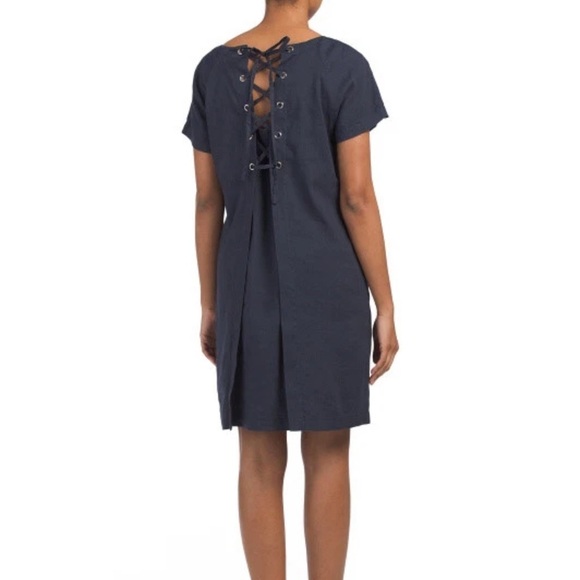 THEORY $275 Linen Blend Navy Caliver Lace Back Raglan Dress Size 6 - Picture 11 of 11